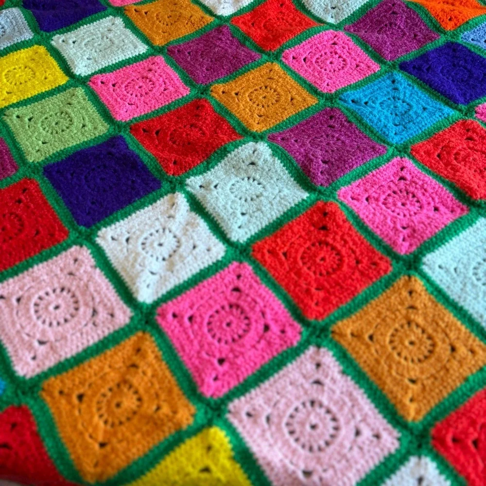 Vintage Granny Square Colorful Crochet Blanket Pink Yellow GrannyCore Throw